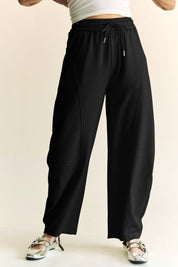 Women’s Elastic Waist Long Barrel Pants with Pockets | Relaxed Fit Everyday Trousers