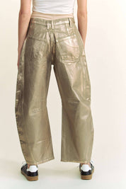STRUCTURED BARREL LEGS RETRO GOLD FOILED JEANS