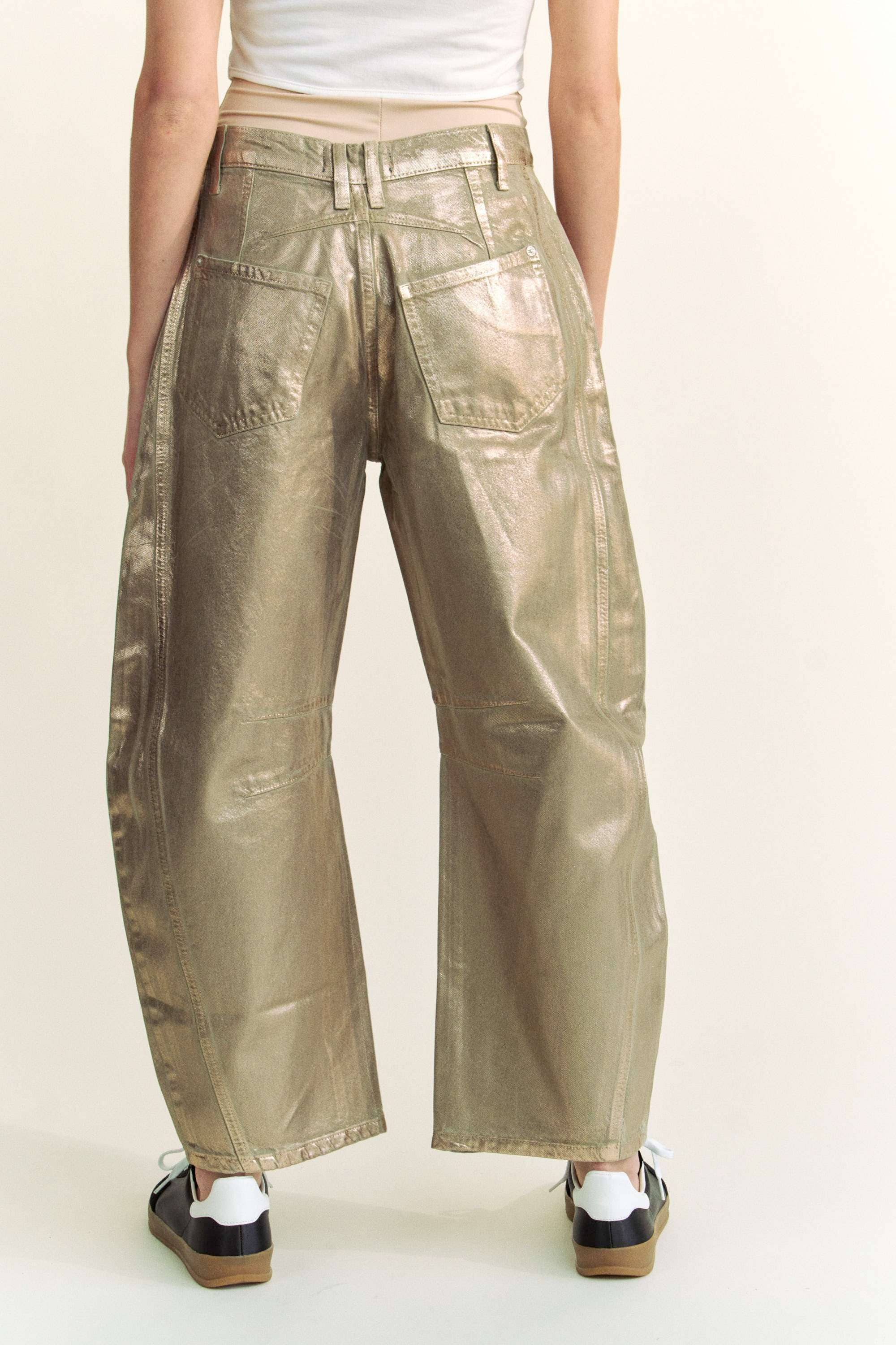 STRUCTURED BARREL LEGS RETRO GOLD FOILED JEANS