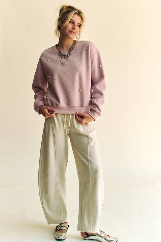 SOLID ELASTIC WAISTBAND POCKETS LONG BARREL PANTS