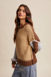 Hand-Knit Colorblock Chunky Pullover