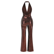 Sequin Halter Deep V High-Waist Flared Party Jumpsuit