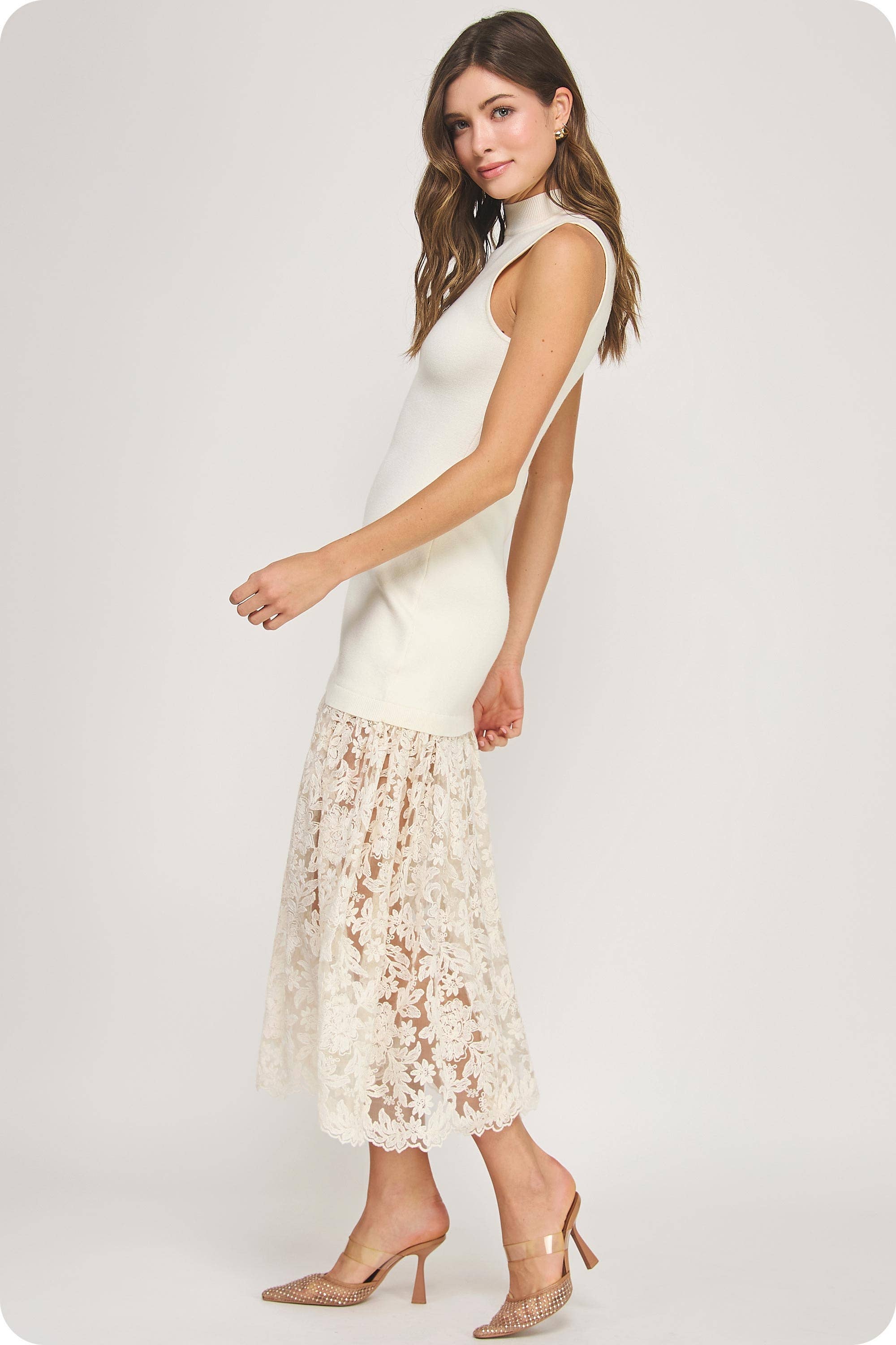 Lace Contrast Mock Neck Knit Dress
