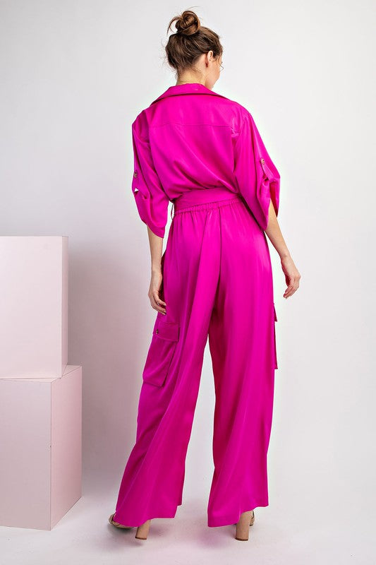 Magenta Satin Cargo Jumpsuit