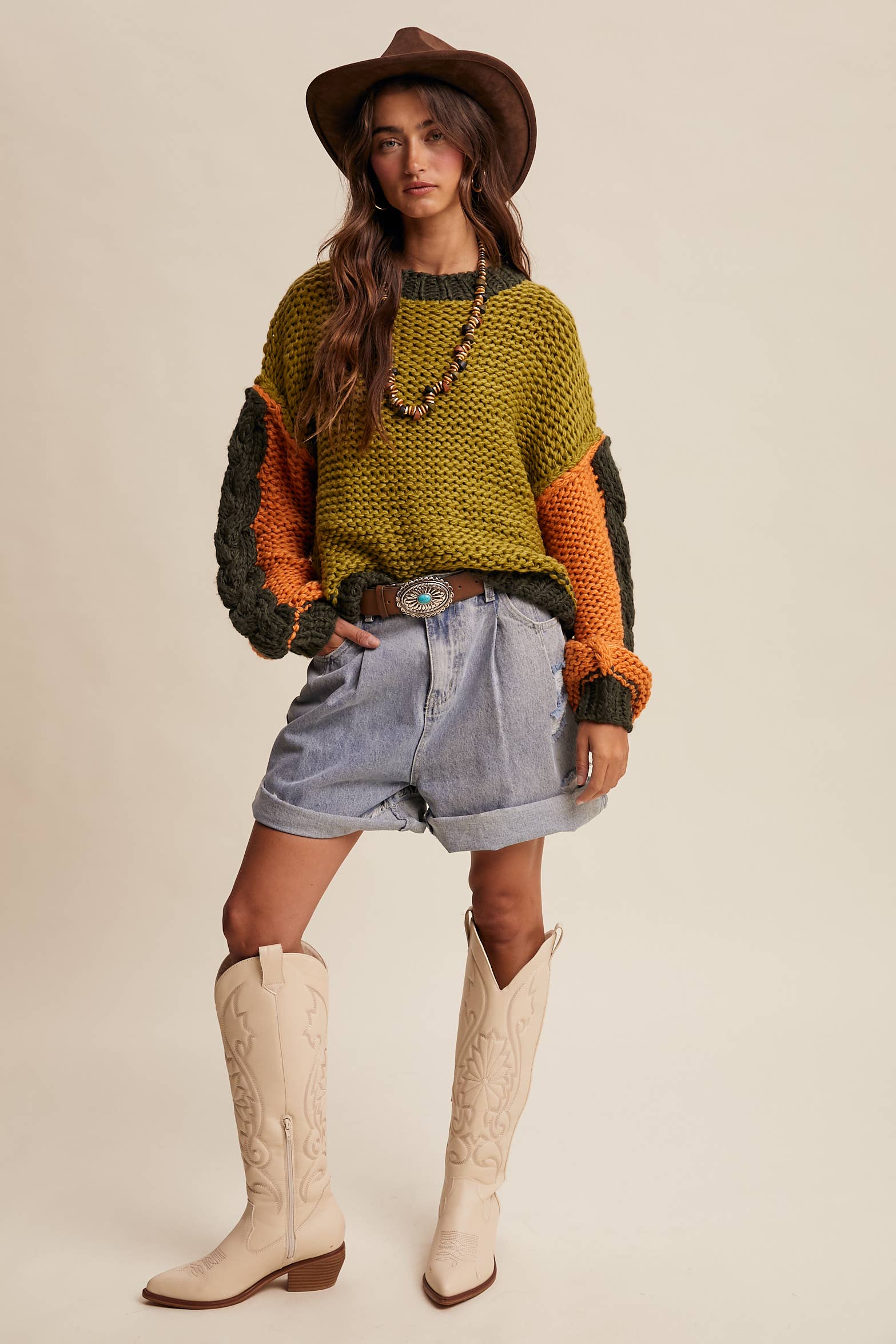 Hand-Knit Colorblock Chunky Pullover