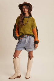 Hand-Knit Colorblock Chunky Pullover