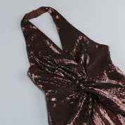 Sequin Halter Deep V High-Waist Flared Party Jumpsuit