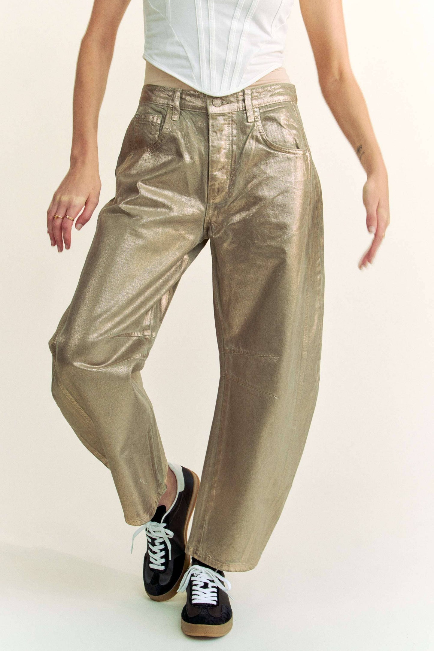 STRUCTURED BARREL LEGS RETRO GOLD FOILED JEANS