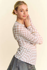 CHECKER BOARD MESH LONG SLEEVE LAYERING TOP