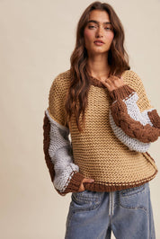 Hand-Knit Colorblock Chunky Pullover