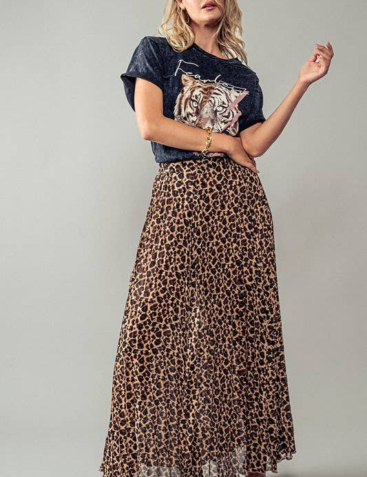 LEOPARD ANIMAL PRINT PLEATED MIDI SKIRT