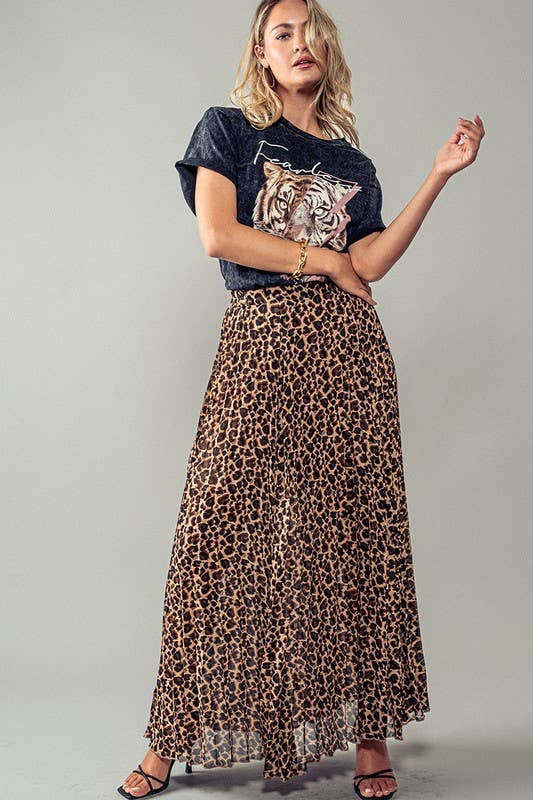 LEOPARD ANIMAL PRINT PLEATED MIDI SKIRT