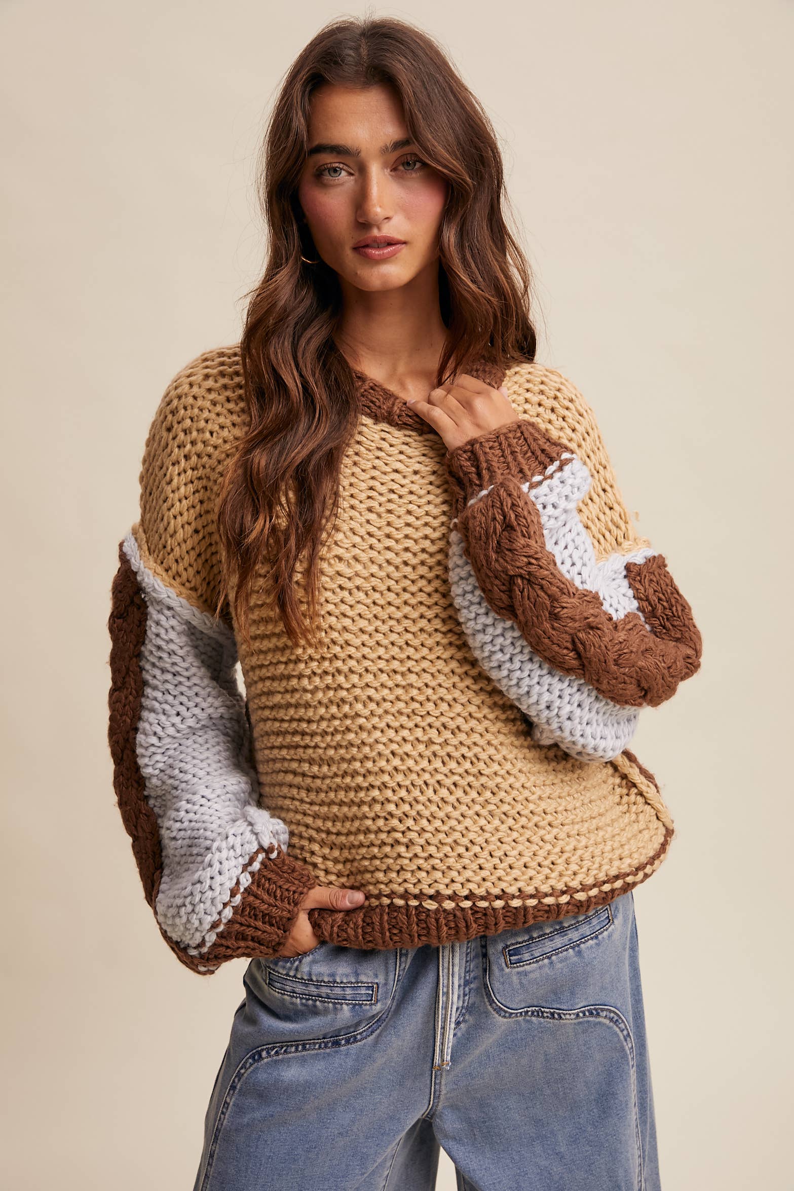 Hand-Knit Colorblock Chunky Pullover