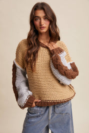 Hand-Knit Colorblock Chunky Pullover