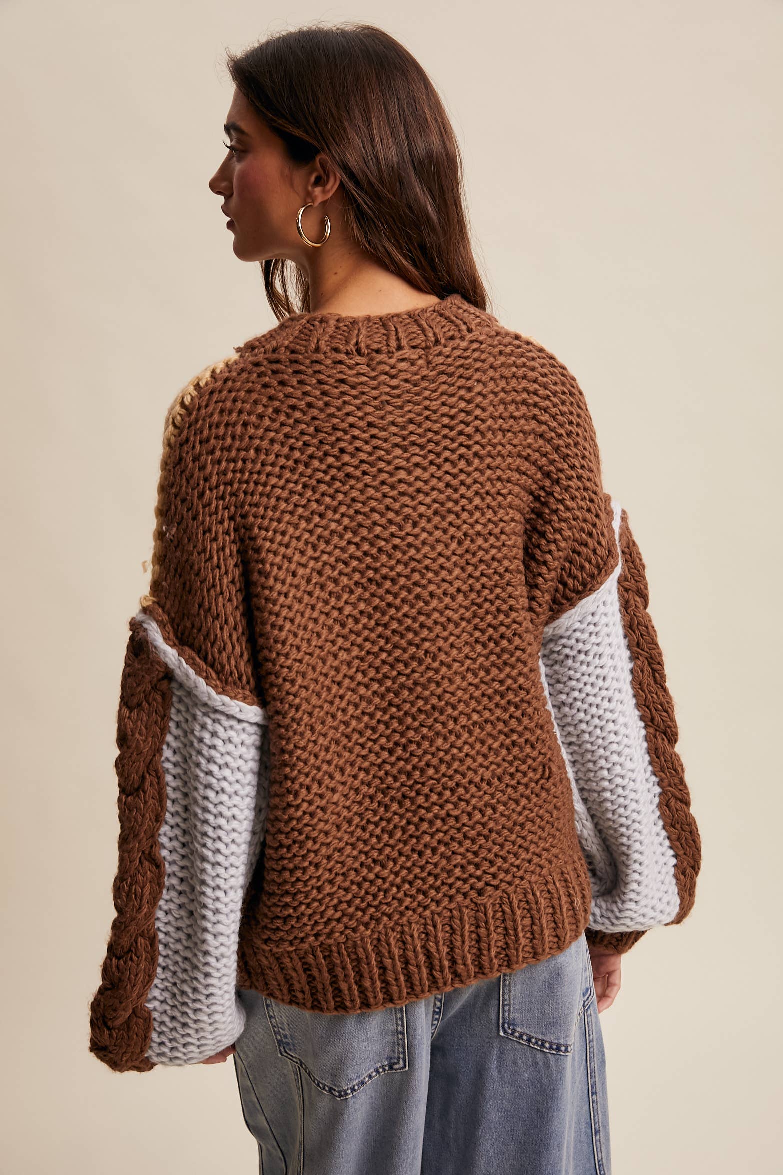 Hand-Knit Colorblock Chunky Pullover