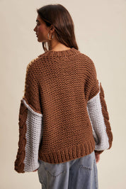 Hand-Knit Colorblock Chunky Pullover