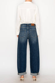 HIGH RISE RELAXED TAPERED DARK WASH BARREL JEANS