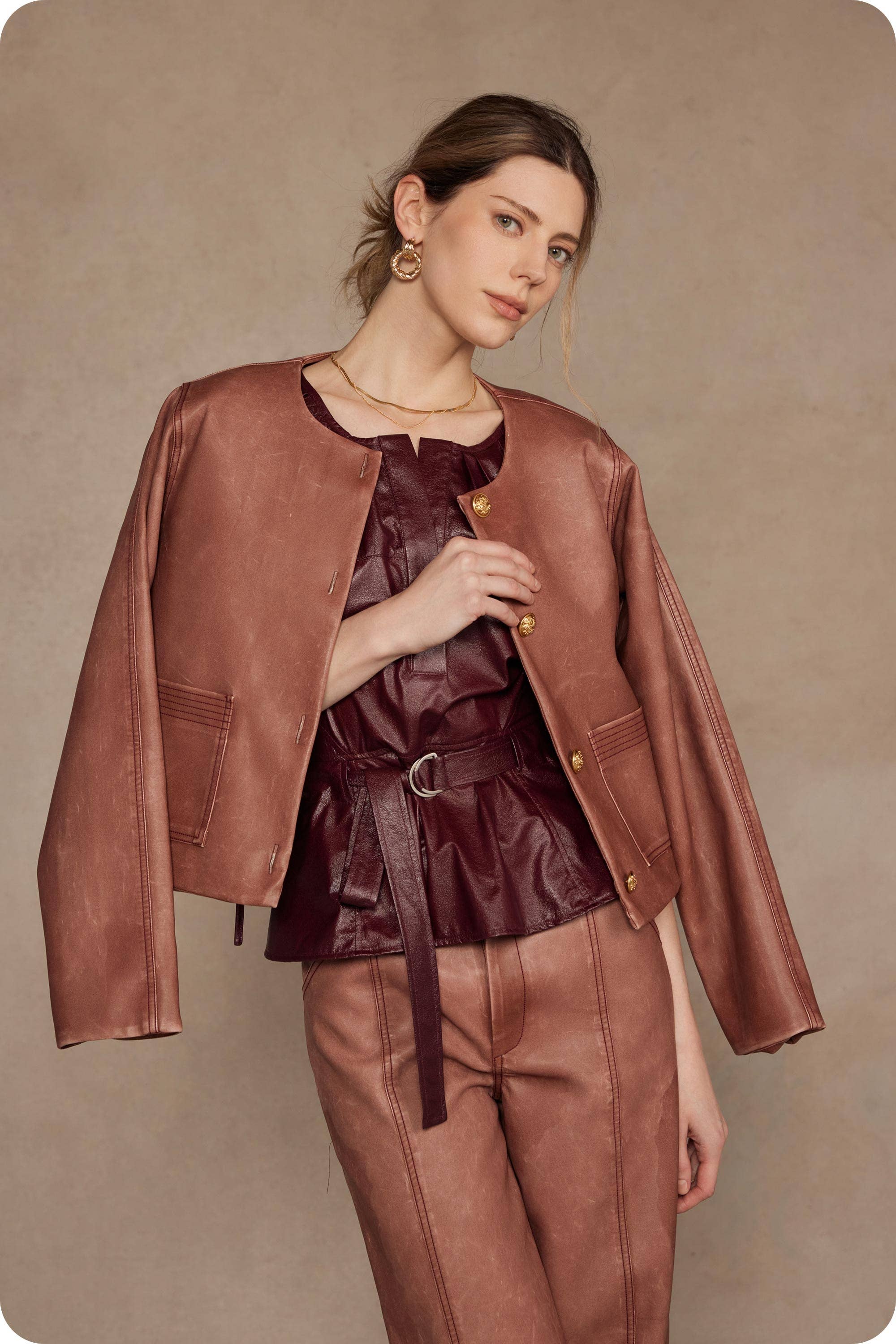 Stitch Contrast Detail Washed Faux Leather Jacket