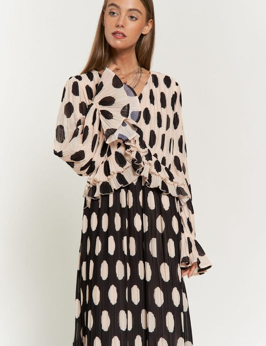 Polka Dot Ruffled Long Sleeve Pleated Maxi Dress