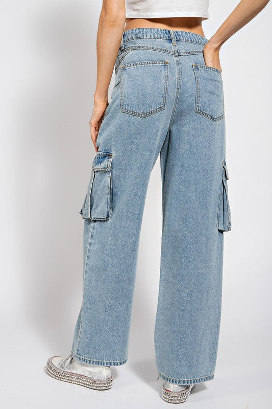 Washed Denim Cargo Pants