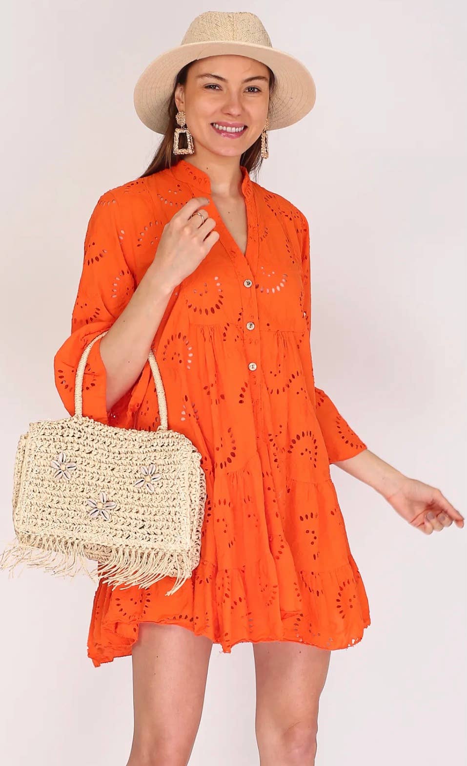 Embroidered Short Dress Billowy Sleeves