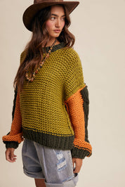 Hand-Knit Colorblock Chunky Pullover