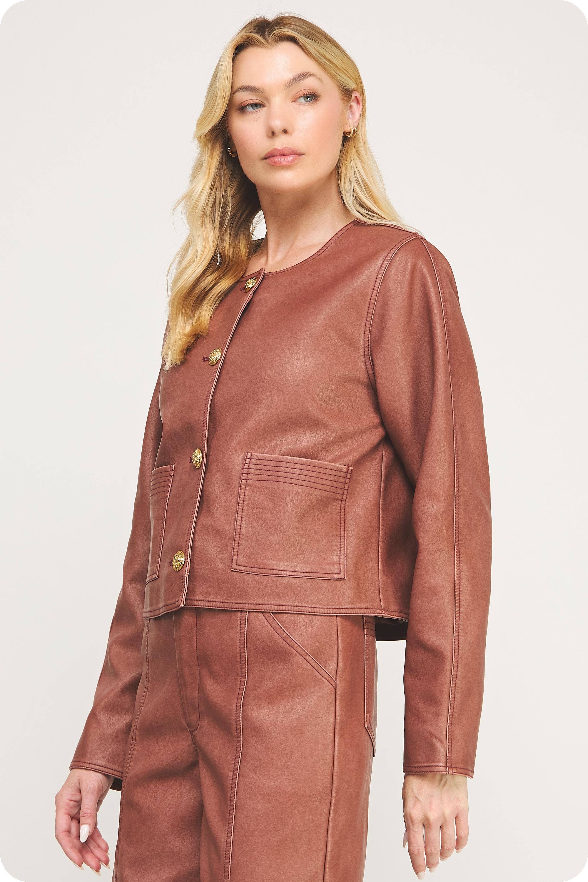 Stitch Contrast Detail Washed Faux Leather Jacket
