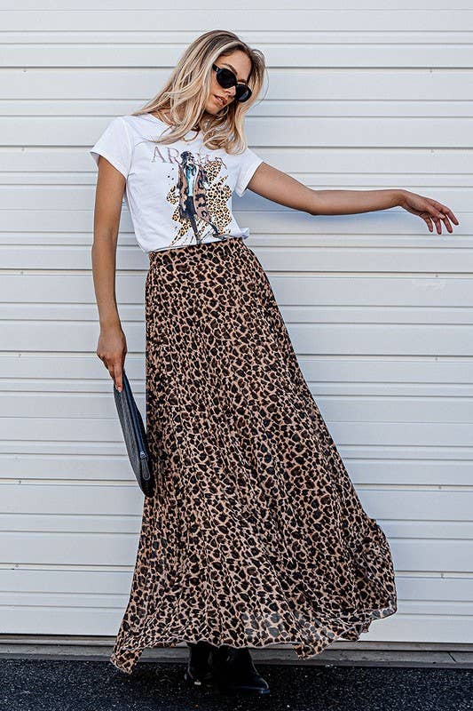 LEOPARD ANIMAL PRINT PLEATED MIDI SKIRT