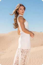 Lace Contrast Mock Neck Knit Dress