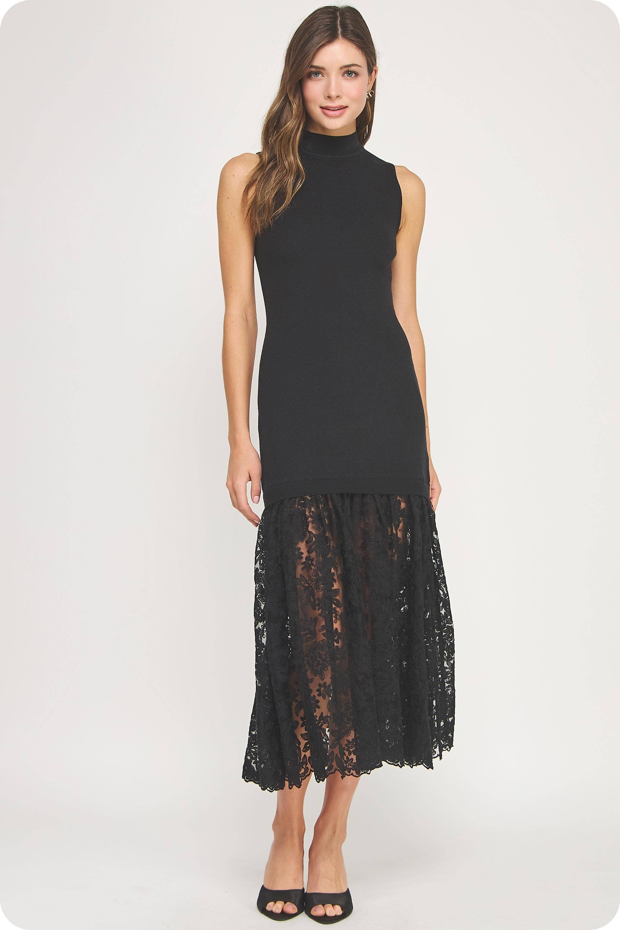 Lace Contrast Mock Neck Knit Dress