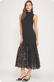 Lace Contrast Mock Neck Knit Dress