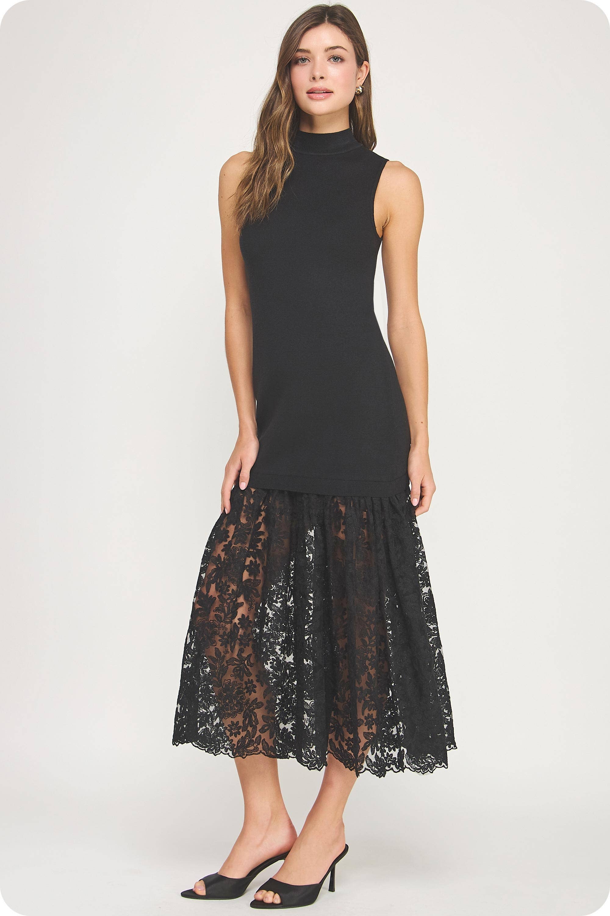 Lace Contrast Mock Neck Knit Dress