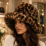 Leopard Print Oversized Plush Faux Fur Winter Bucket Hat