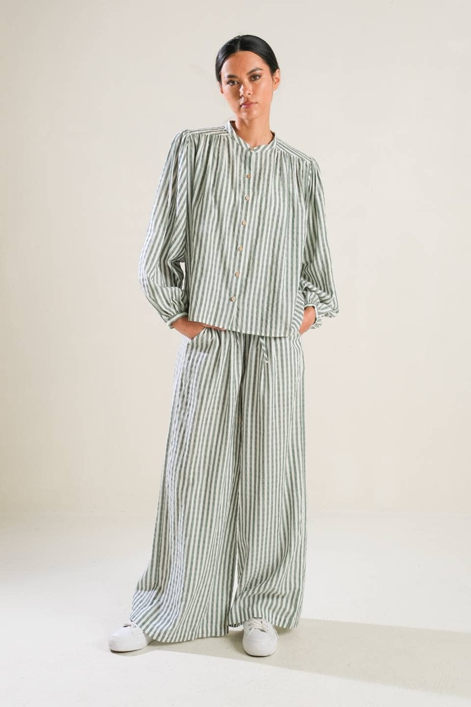 Russet Striped Button-Up Peasant Top