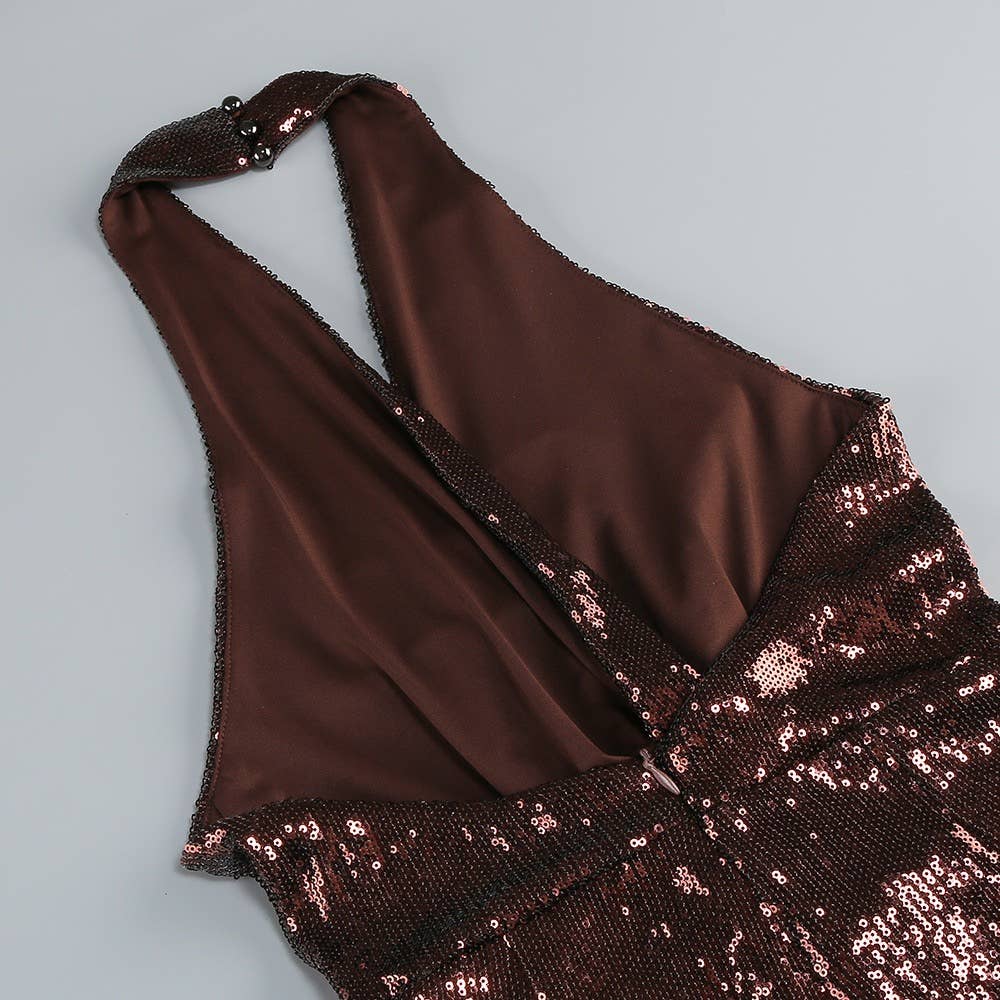 Sequin Halter Deep V High-Waist Flared Party Jumpsuit