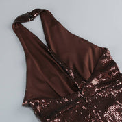 Sequin Halter Deep V High-Waist Flared Party Jumpsuit