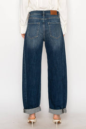 HIGH RISE RELAXED TAPERED DARK WASH BARREL JEANS