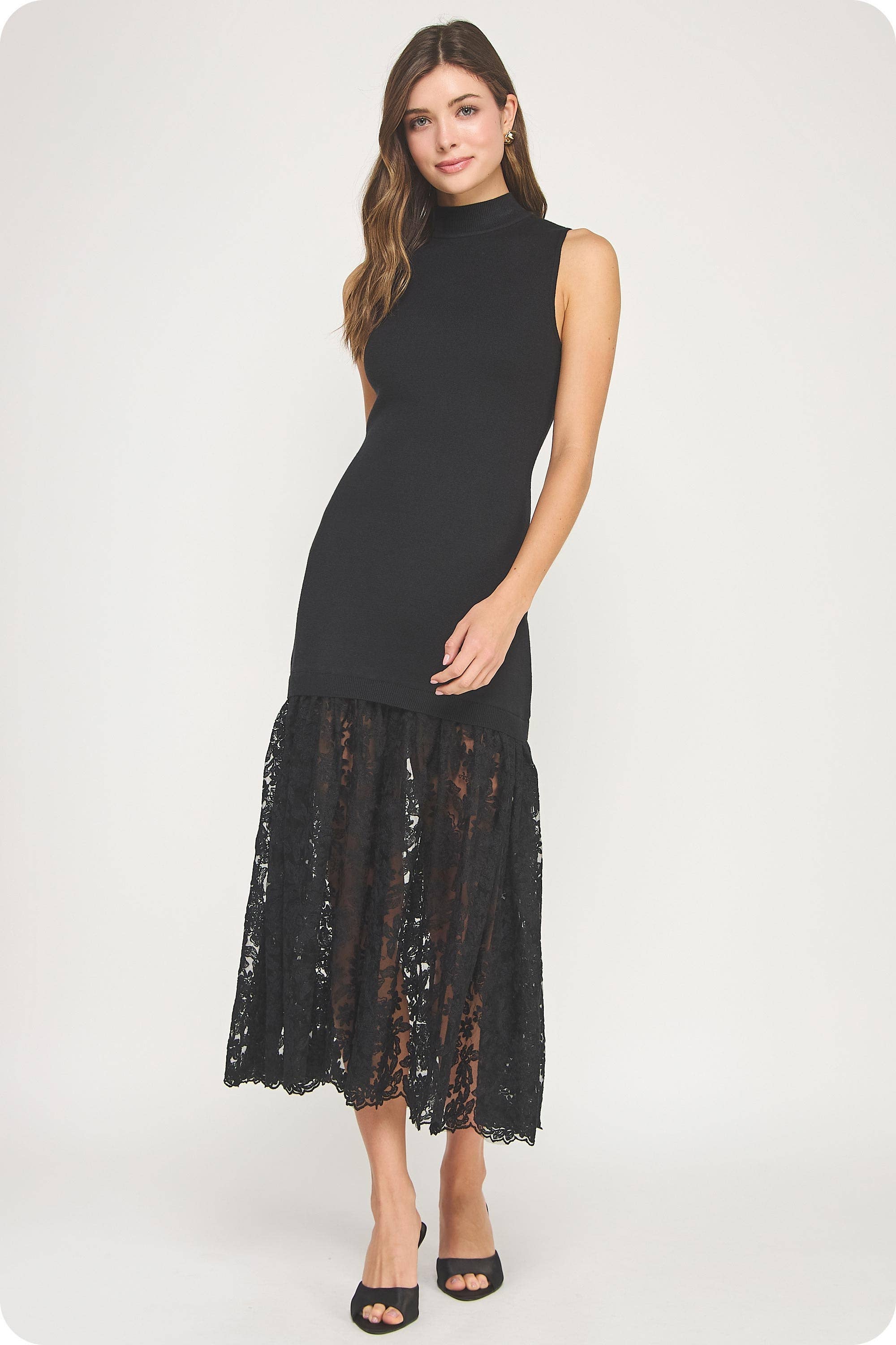 Lace Contrast Mock Neck Knit Dress