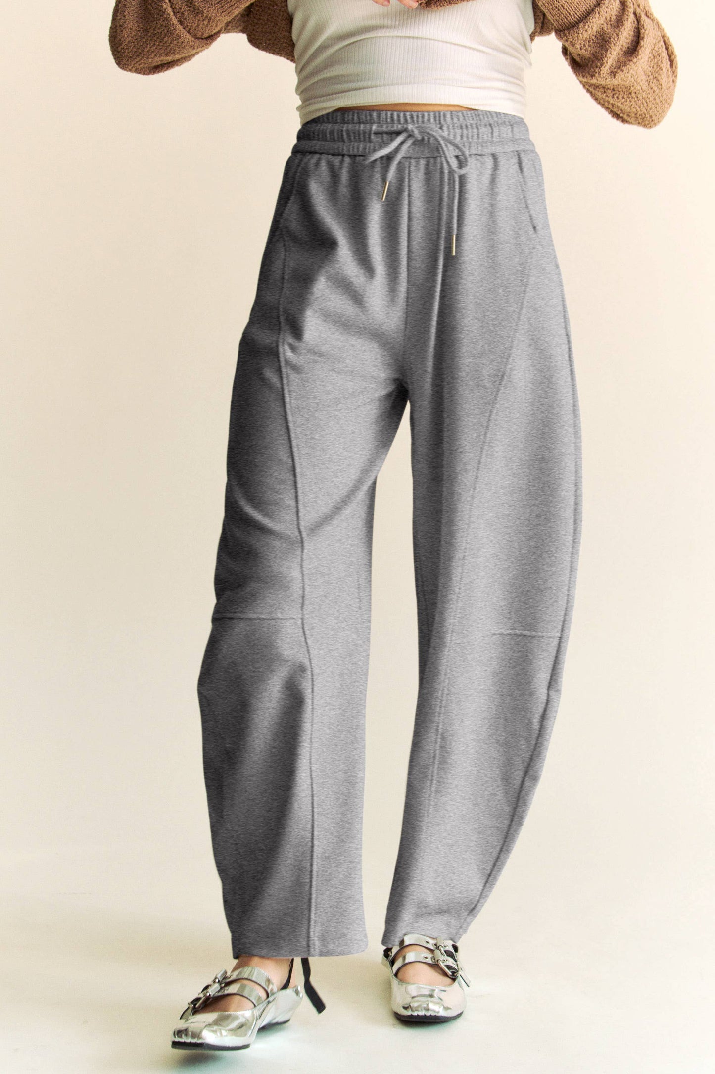 SOLID ELASTIC WAISTBAND POCKETS LONG BARREL PANTS