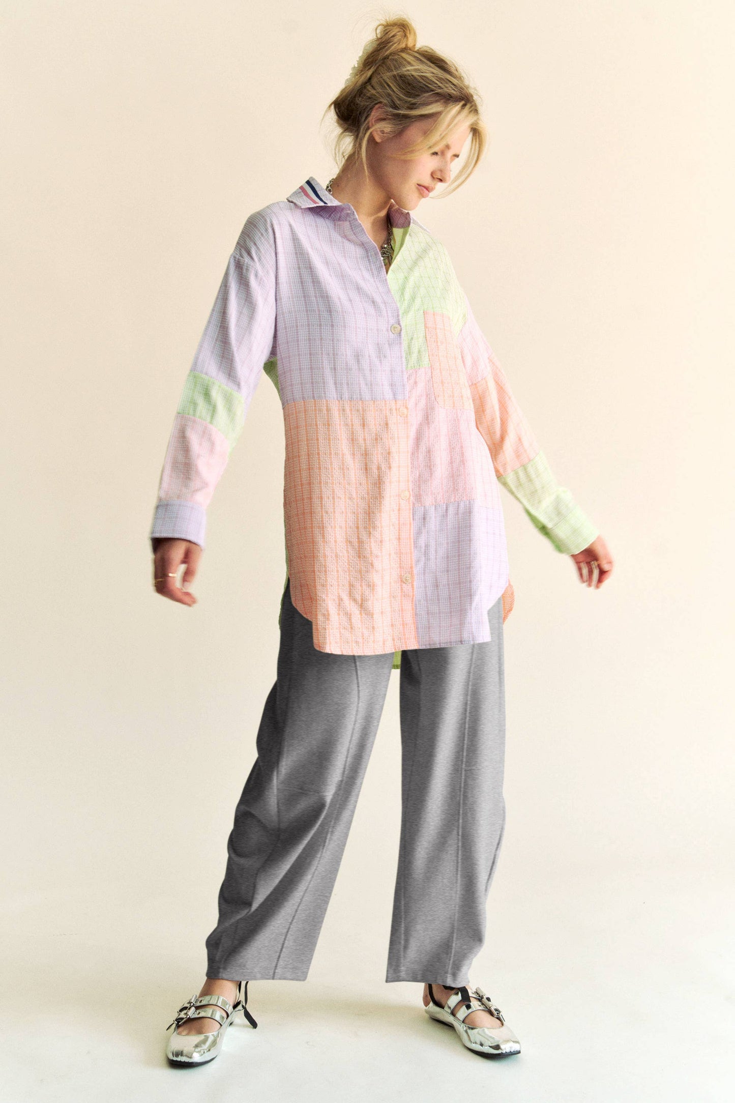 SOLID ELASTIC WAISTBAND POCKETS LONG BARREL PANTS