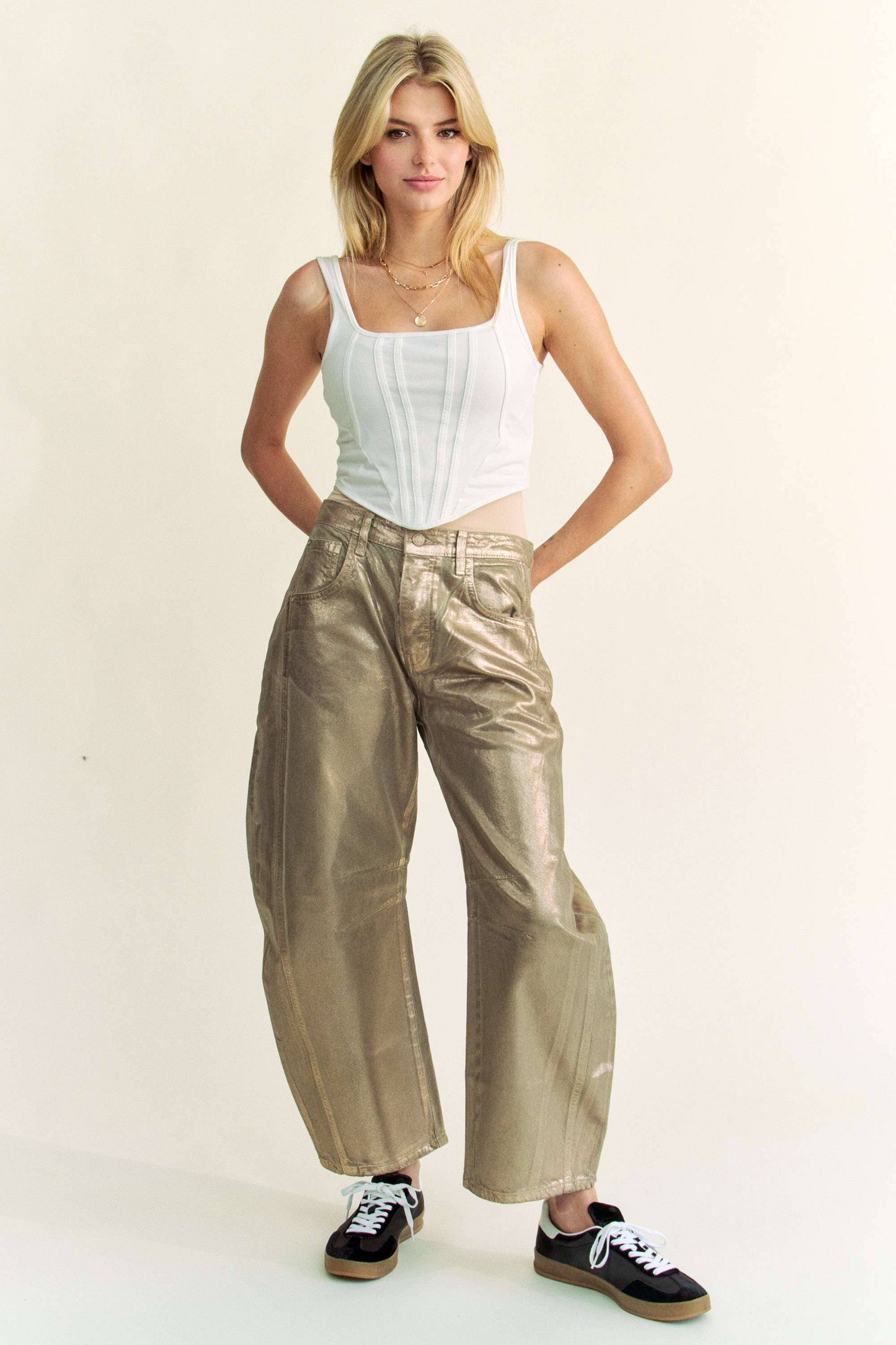 STRUCTURED BARREL LEGS RETRO GOLD FOILED JEANS
