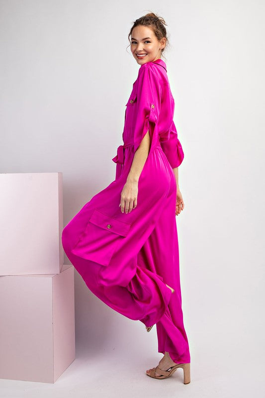 Magenta Satin Cargo Jumpsuit