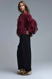 Burgundy V-Neck All Over Ruffle Blouse
