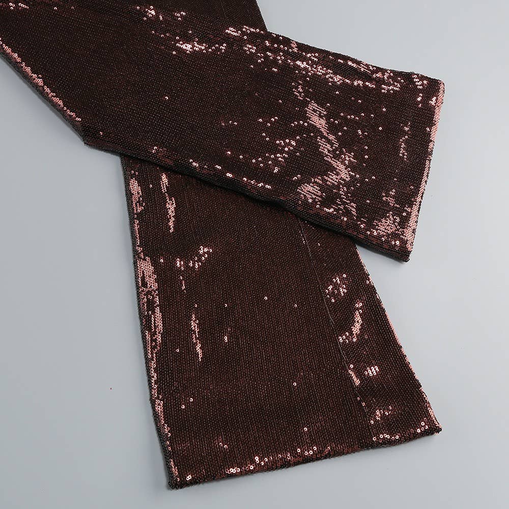 Sequin Halter Deep V High-Waist Flared Party Jumpsuit