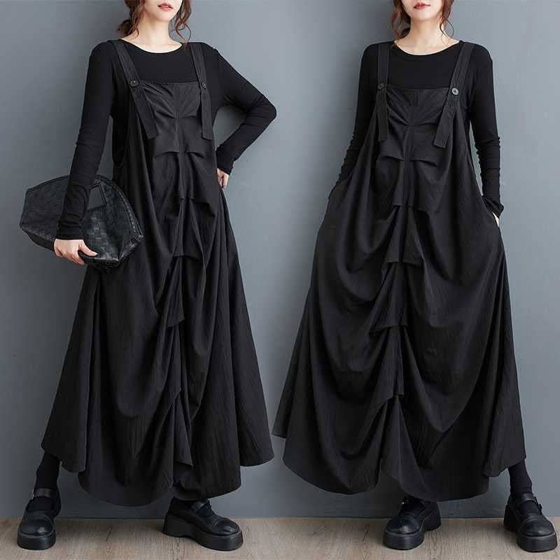 Pleated Suspenders Midi Dress