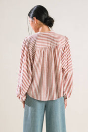 Russet Striped Button-Up Peasant Top