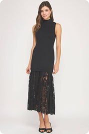 Lace Contrast Mock Neck Knit Dress