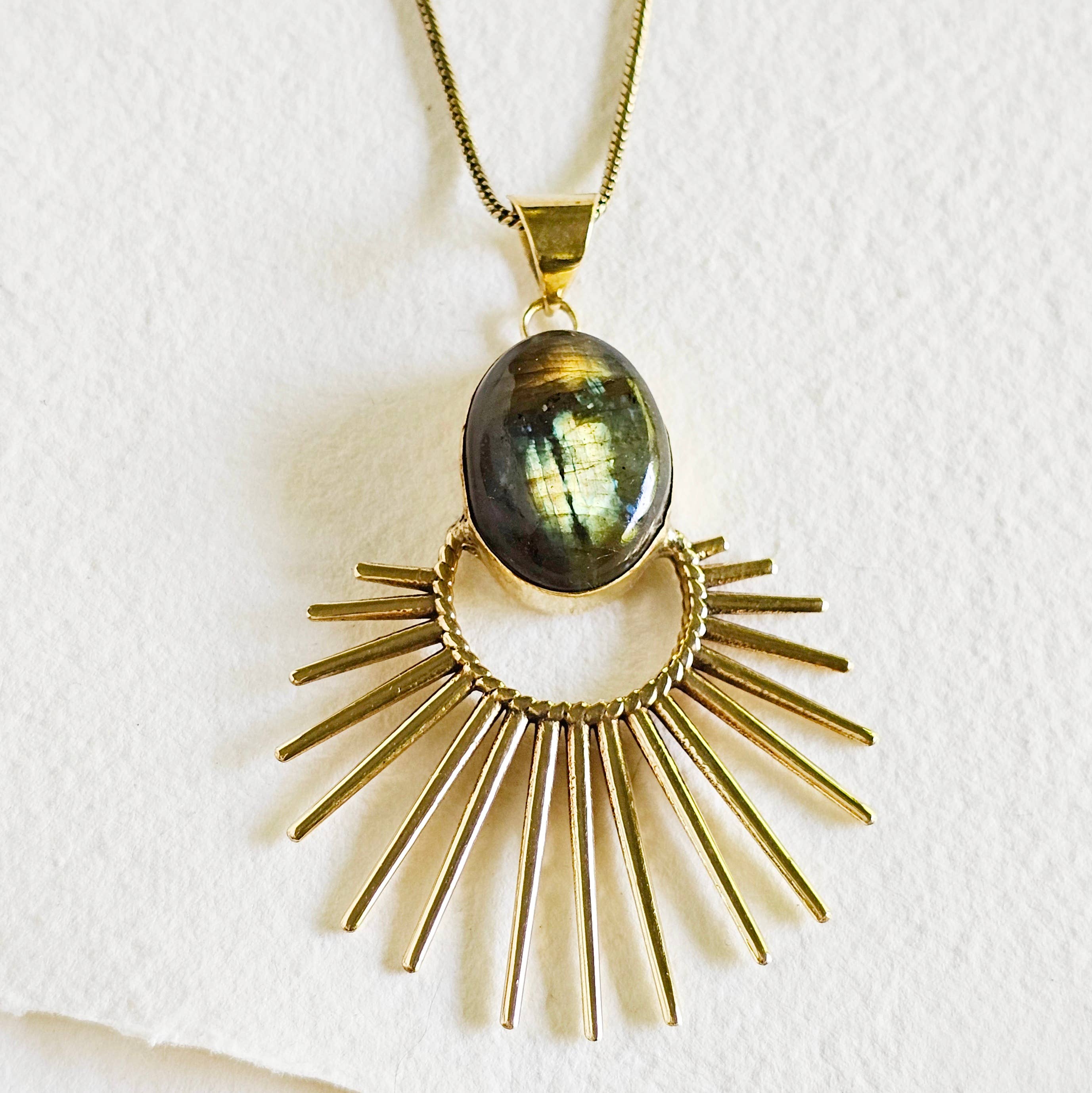 Brass labradorite starburst pendant charm necklace
