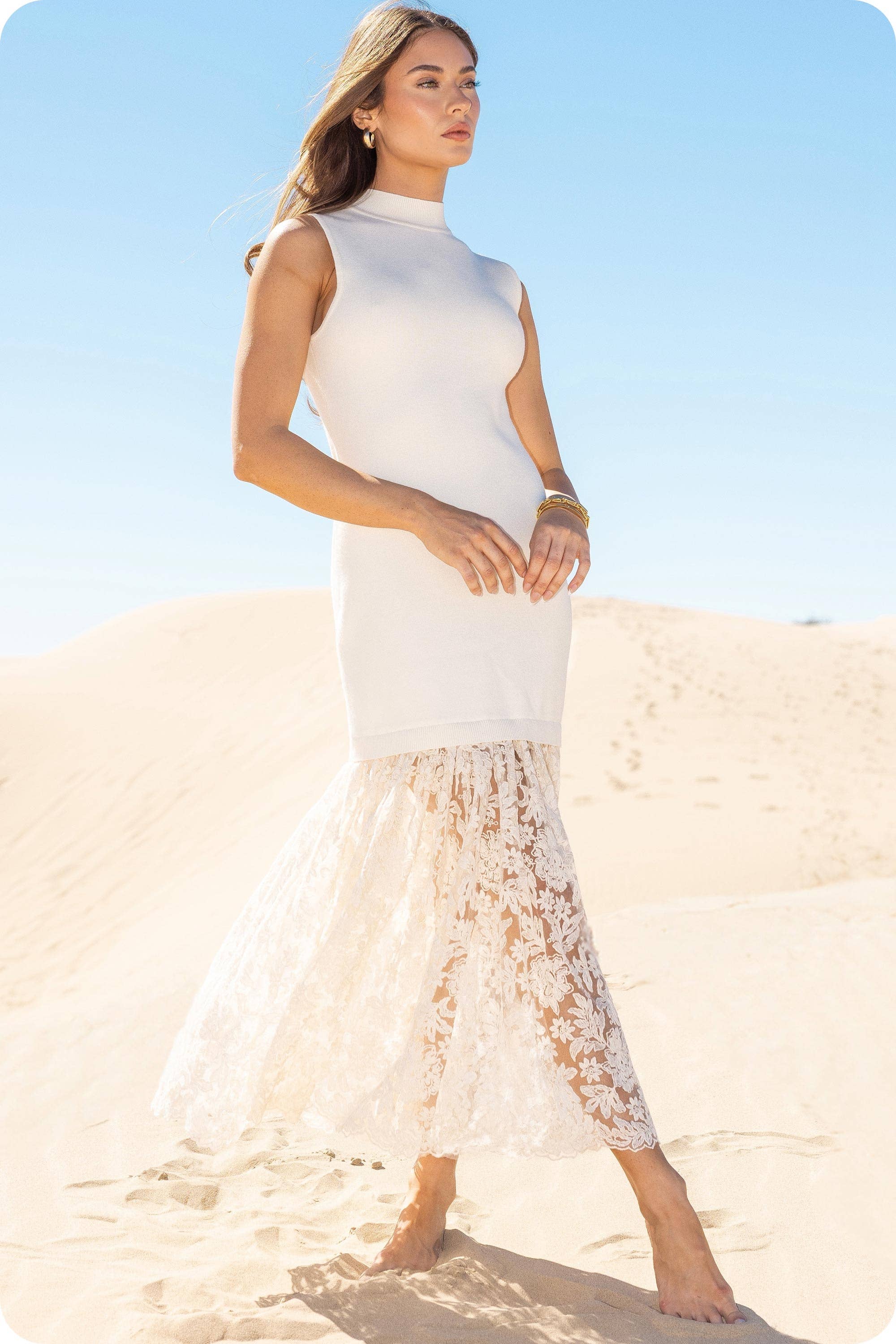 Lace Contrast Mock Neck Knit Dress