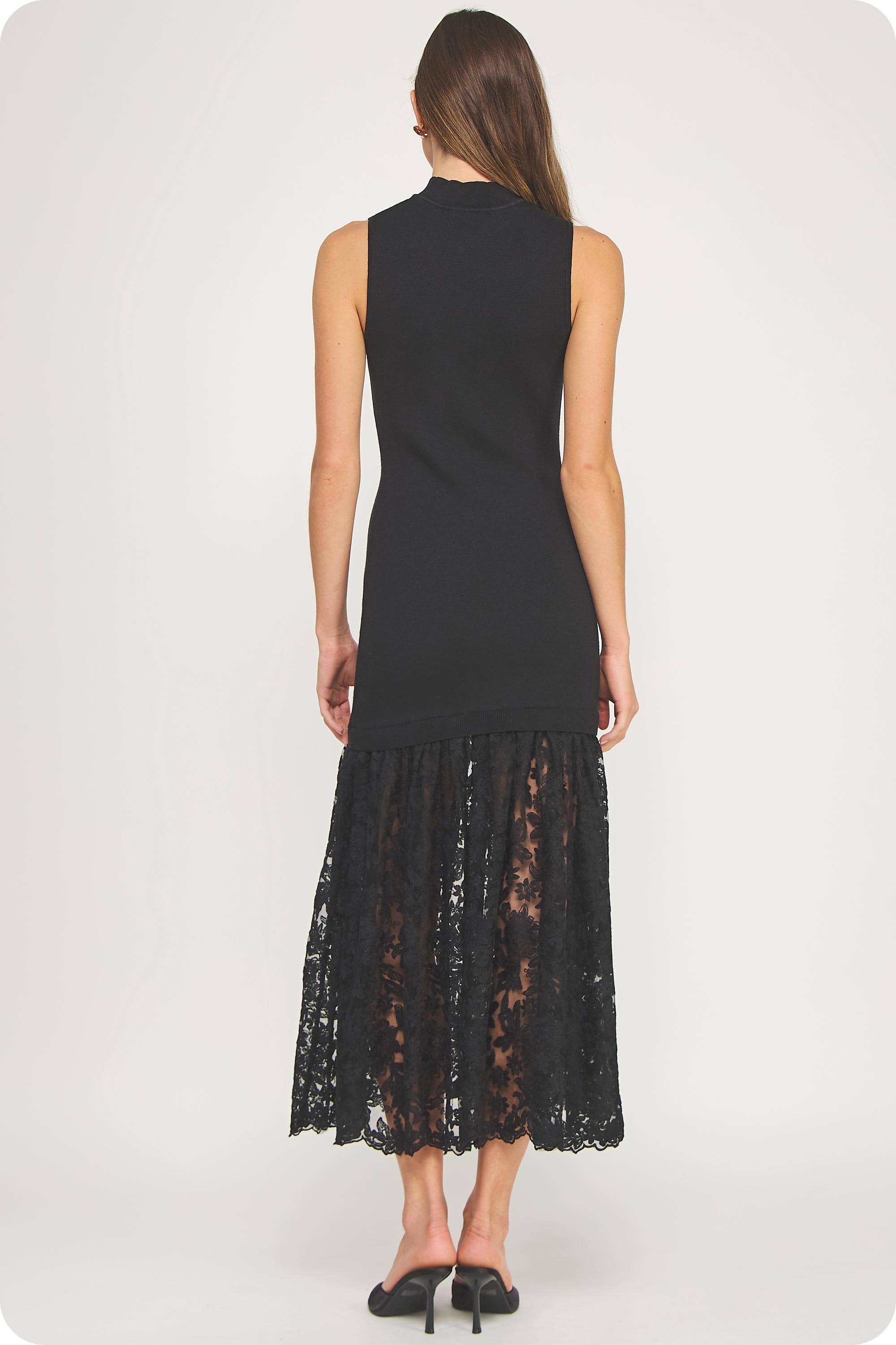 Lace Contrast Mock Neck Knit Dress